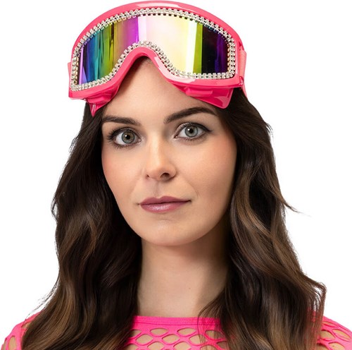 Olieglas Skibril Neon UV Pink met Strass