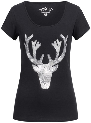 Zwarte Trachten T-shirt Hert (met Zilveren Pailletten)