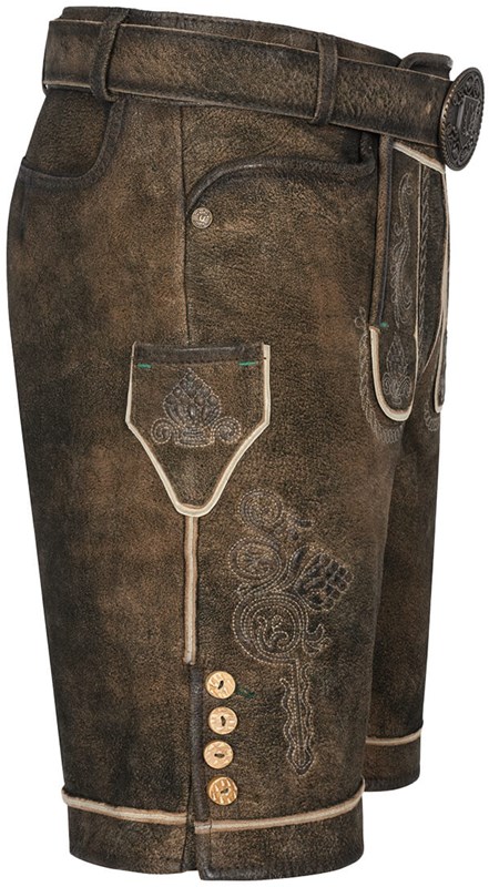 Geitenleer Lederhose Waris Bruin met Riem (linker zijkant)