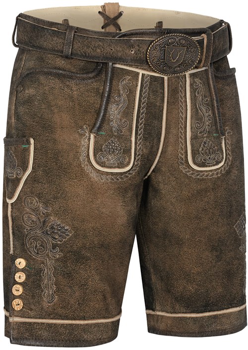 Geitenleer Lederhose Waris Bruin met Riem (links voor)