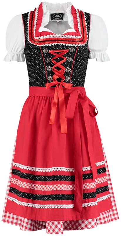 Dirndl Zwart-Rood met Stippen 60cm Luxe 3dlg. (voorkant)