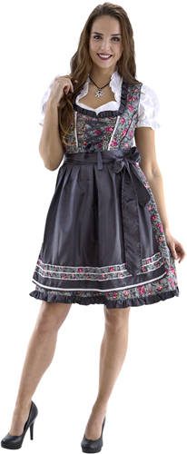 Dirndl Luxe Antraciet Grijs met Roze Bloemen 60cm 3dlg