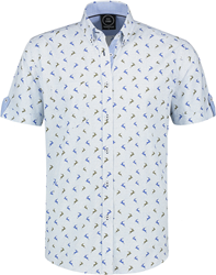 Trachtenhemd Korte Mouw Blauw/Wit met Hertjes (100% katoen)