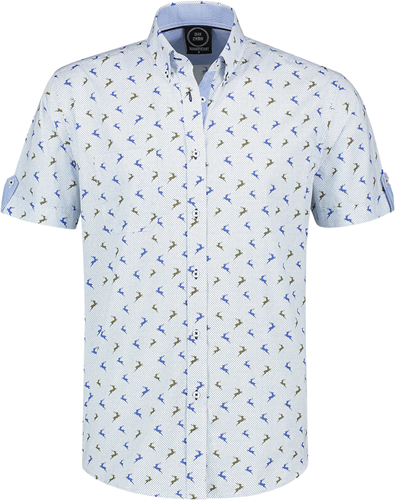 Trachtenhemd Korte Mouw Blauw/Wit met Hertjes (100% katoen)