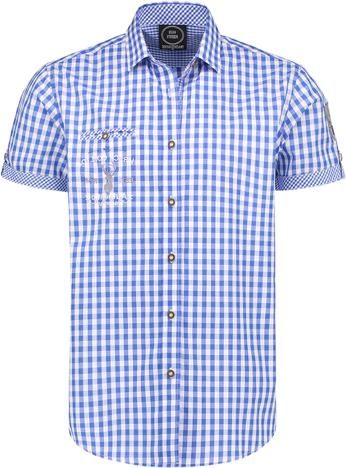 Trachtenhemd Korte Mouw Blauw/Wit (55% katoen)