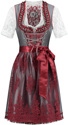 Dirndl Luxe Zilvergrijs-Wijnrood 60cm 2dlg.