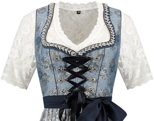 Dirndl Blauw-Grijs Bloemen Luxe (60cm) - 2dlg (detail voorkant)