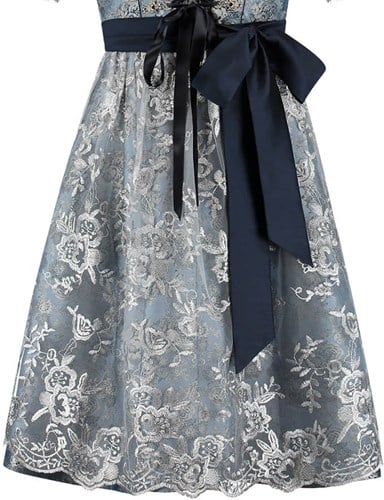 Dirndl Blauw-Grijs Bloemen Luxe (60cm) - 2dlg (detail schort)