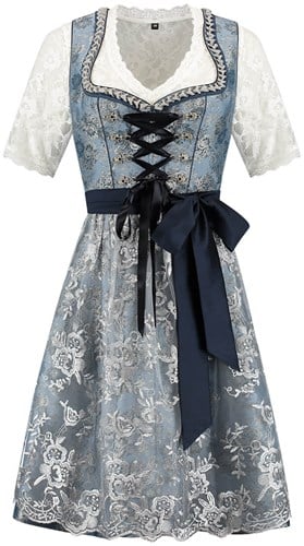 Luxe Dirndl Blauw-Grijs Bloemen (60cm) - 2dlg