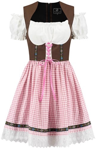 Sexy Dirndl Jurkje Bruin-Roze Geblokt